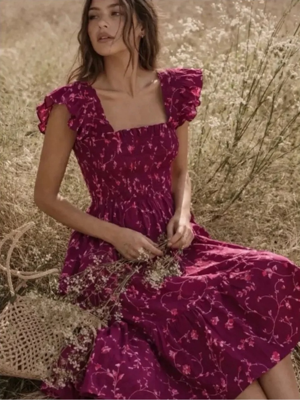 Hill House NWT Ellie Nap Dress in Burgundy Magenta Botanical Midi Dress M